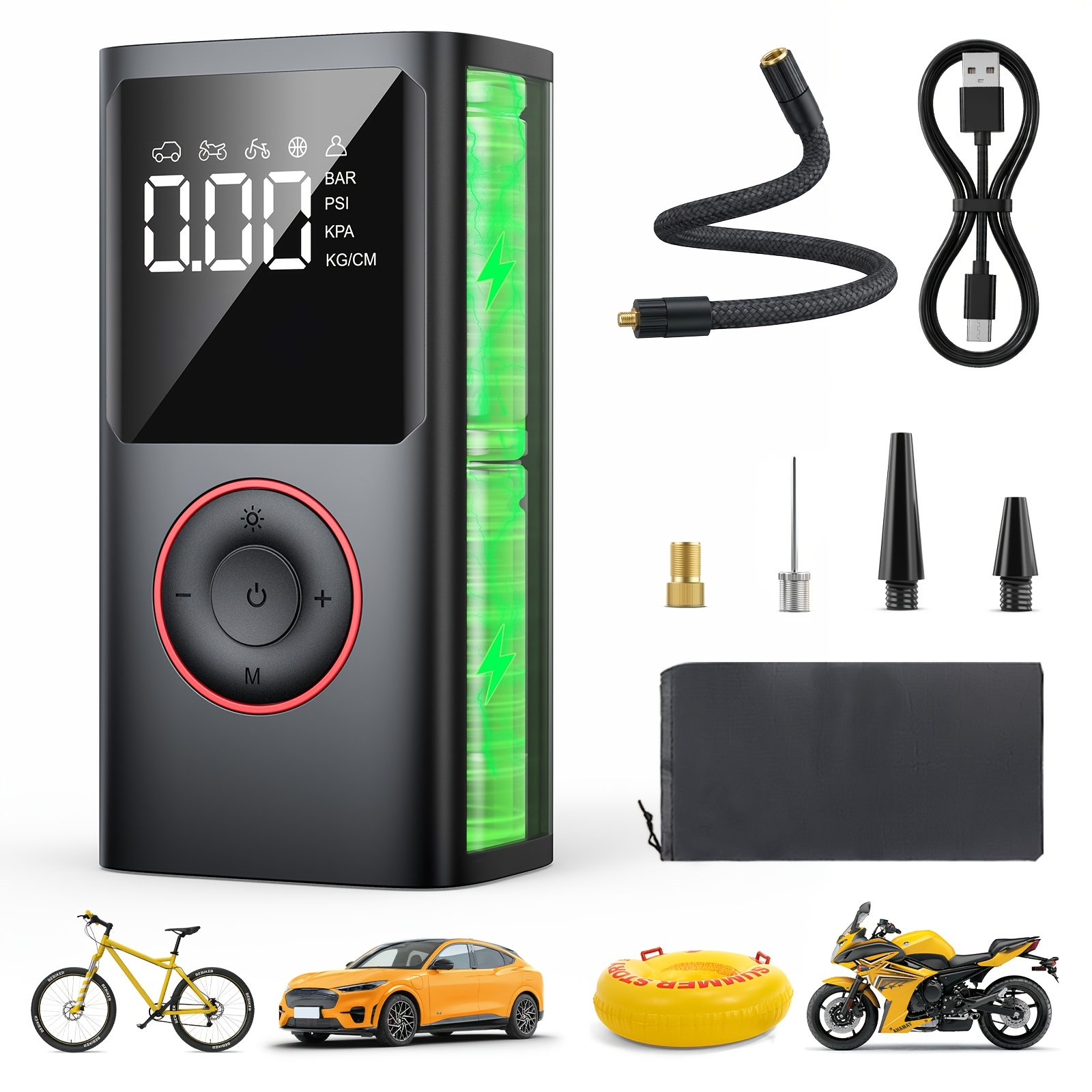 Portable Wireless Tire Inflator, 150PSI High-Pressure Air Compressor, 3x Faster Inflation, Digital Tire Pressure Display, 2000mAh X 2 High-Capacity Batteries, Auto-Stop When Full, Built-in LED Light, Multi-Function Inflation Nozzle