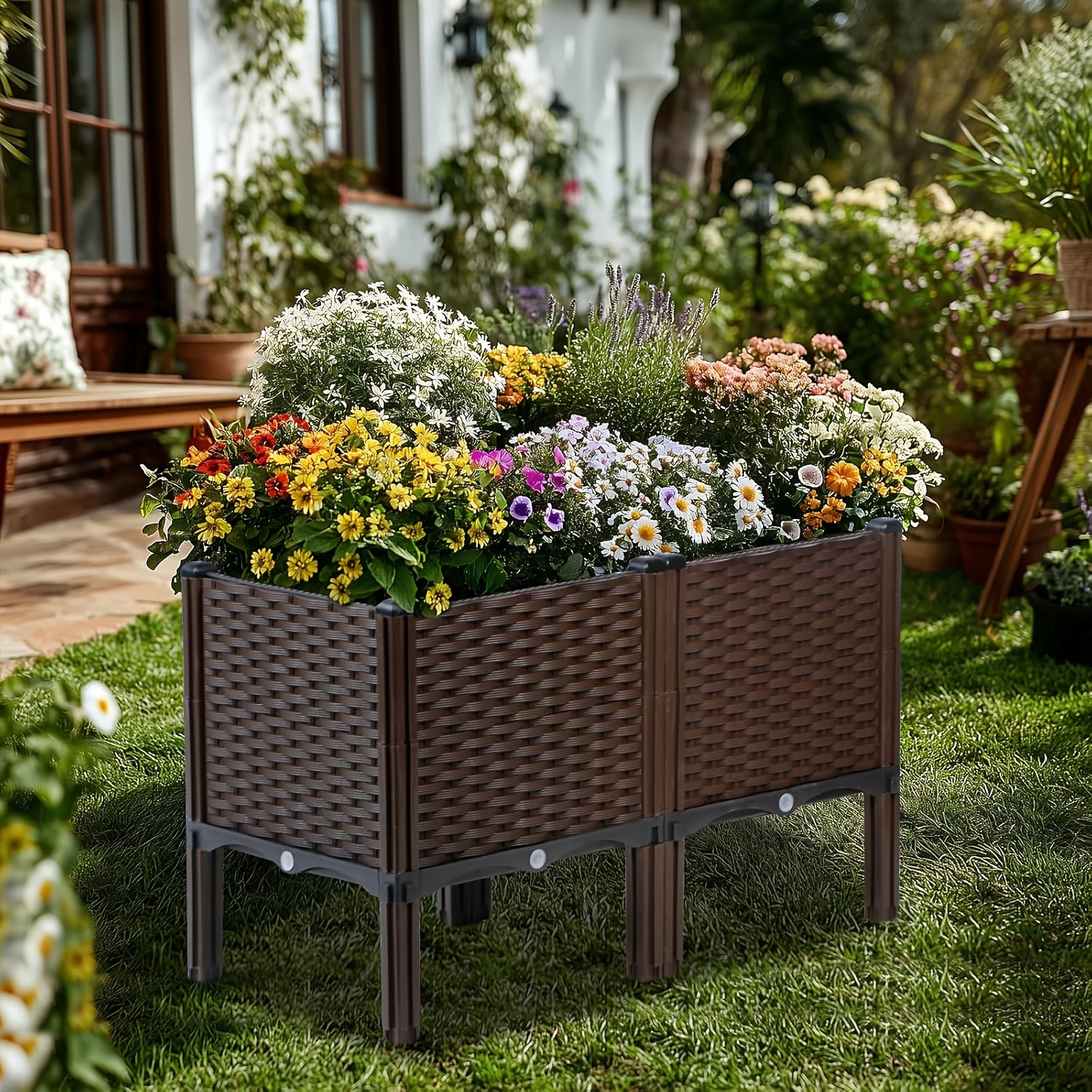 Image of Plastic Elevated Planters For Raised Garden Bed With Legs For Outdoor Plants Box Kits With Drainage Holes For Patio Deck Balcony To Planting Flowers, Vegetables, Tomato And Herbs