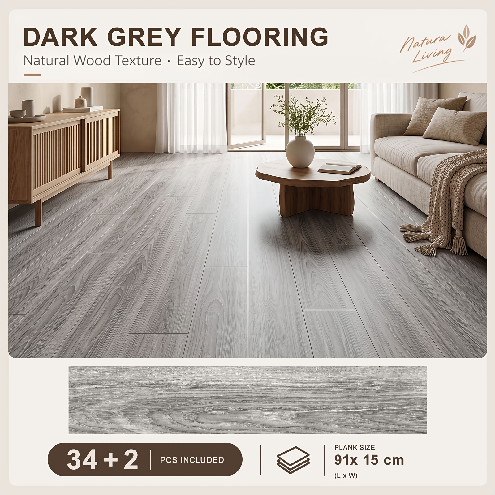 TEMU 34pcs Plus 2 Free , 91x15cm Self-adhesive Pvc Vinyl Wood Grain Floor Tiles, Peel And Stick Flooring, Easy Diy Installation, Low Maintenance