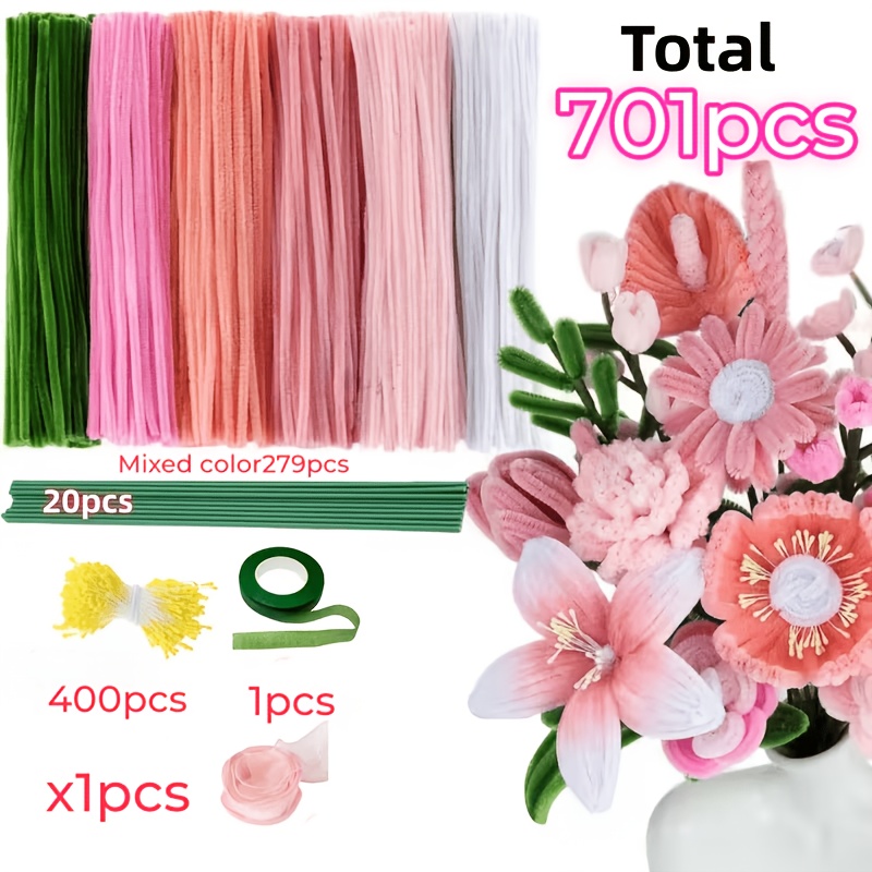 TEMU 701 Tube Cleaner Handmade Materials | 6-color Chenille , Floral Thread And Tape, Bouquet, Handmade Valentine's Day Gifts And Party Decorations,