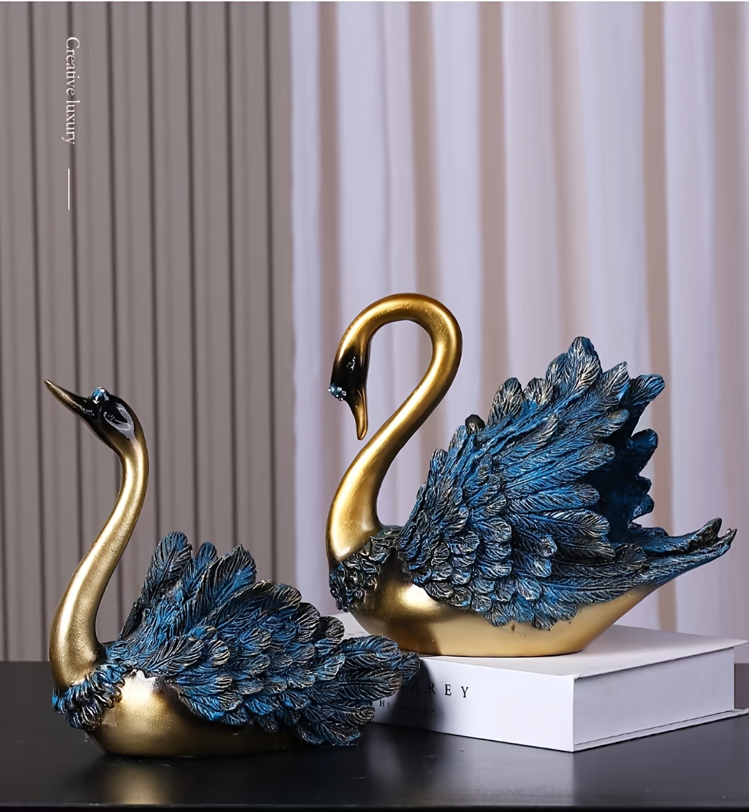 A Pair of Swan Statues – Luxurious Golden And Blue Resin Decorations for Living Room, Wine Cabinet, And TV Cabinet | Modern Home Decor Swan Decorations Desktop Ornaments Restaurant Wall Decorations Wall Stickers Decoration Office Entrance Ornaments