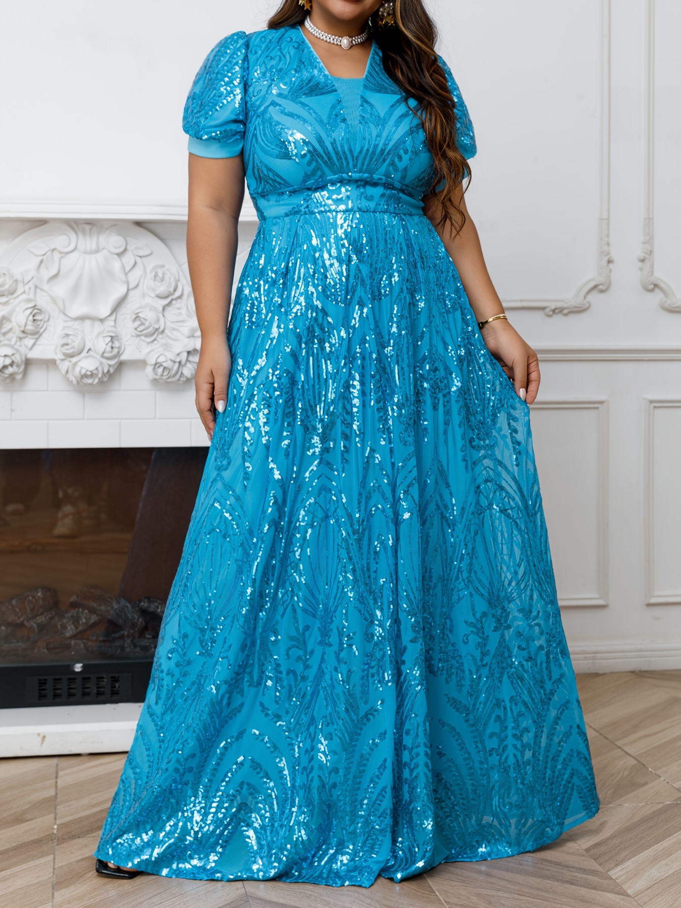 Elegant V-Neck Fit and Flare Long Sleeve Trapeze Hem A-Line Dress,  Polyester, with Contrast Sequin, for Plus Size Mother of the Bride