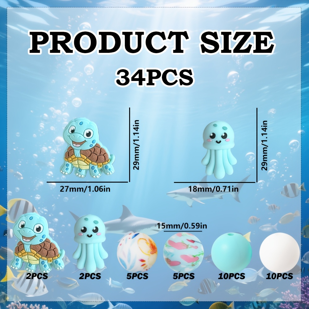 TEMU A 34pcs Silicone Bead Set That Includes 3d Silicone Jellyfish And Turtle Shapes. The Loose Beads Feature A Heart Floral Print Design In Blue And