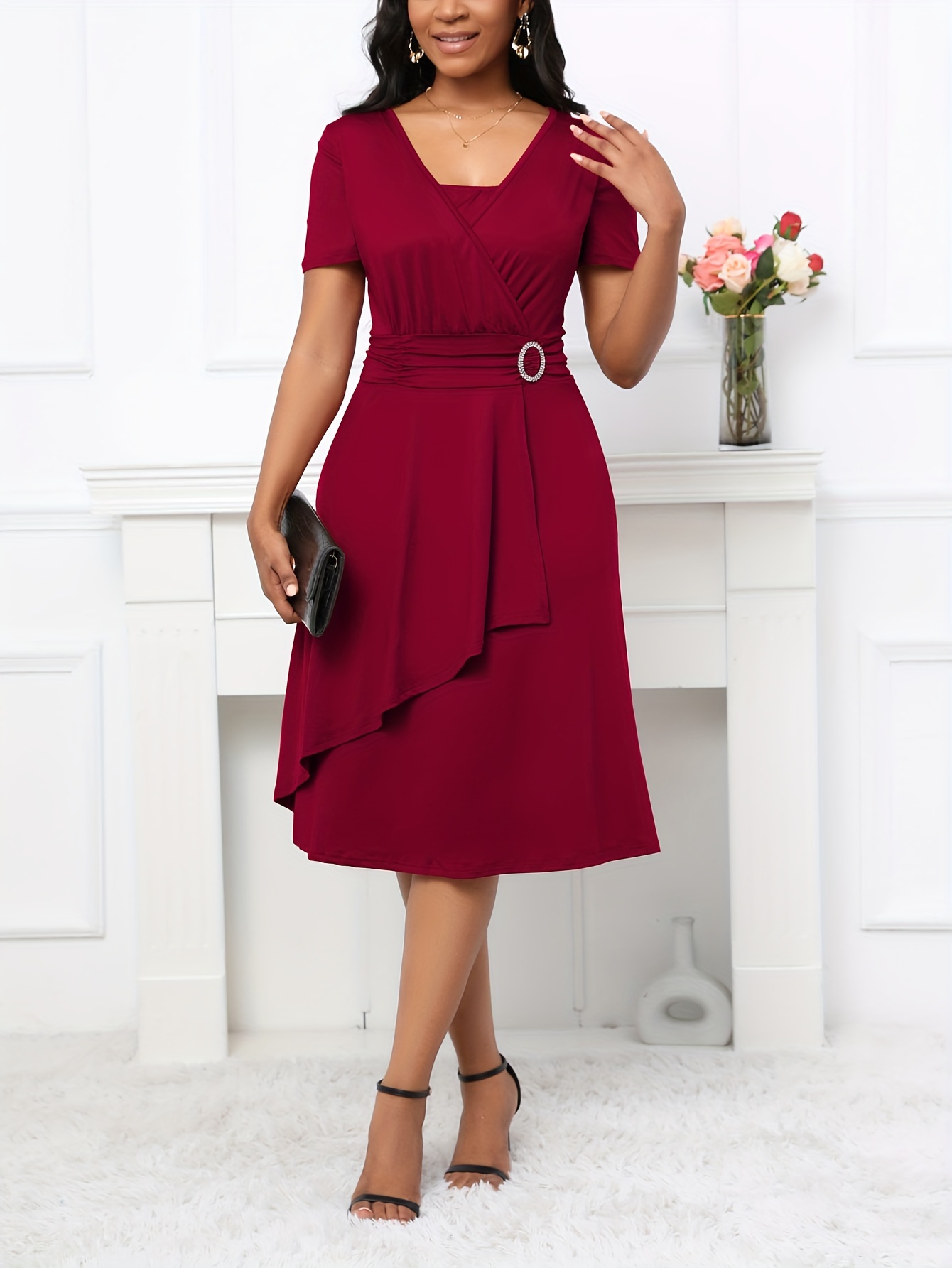 Spring/Summer Elegant Square Neck Short Sleeve Wrap Waist Dress with Rhinestone Buttons And Ruffled Hem A-Line Mid-Length Dress for Women, Perfect for Valentine'S Day, Best Friend Day, Mother'S Day, And More