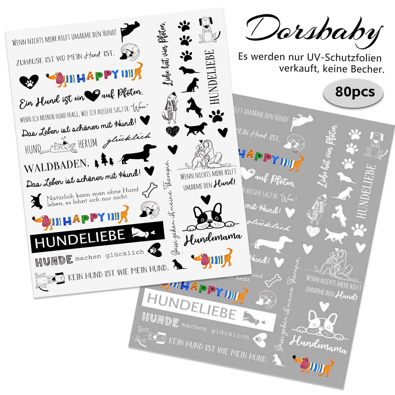 E-shop 80 Stück Deutsche Hunde UV DTF Transferpapier, UV DTF Rub on Transfers, Hohe Haftung für 473ml (16Oz) Glasdosen-Verpackungen, Tassen, Möbel,