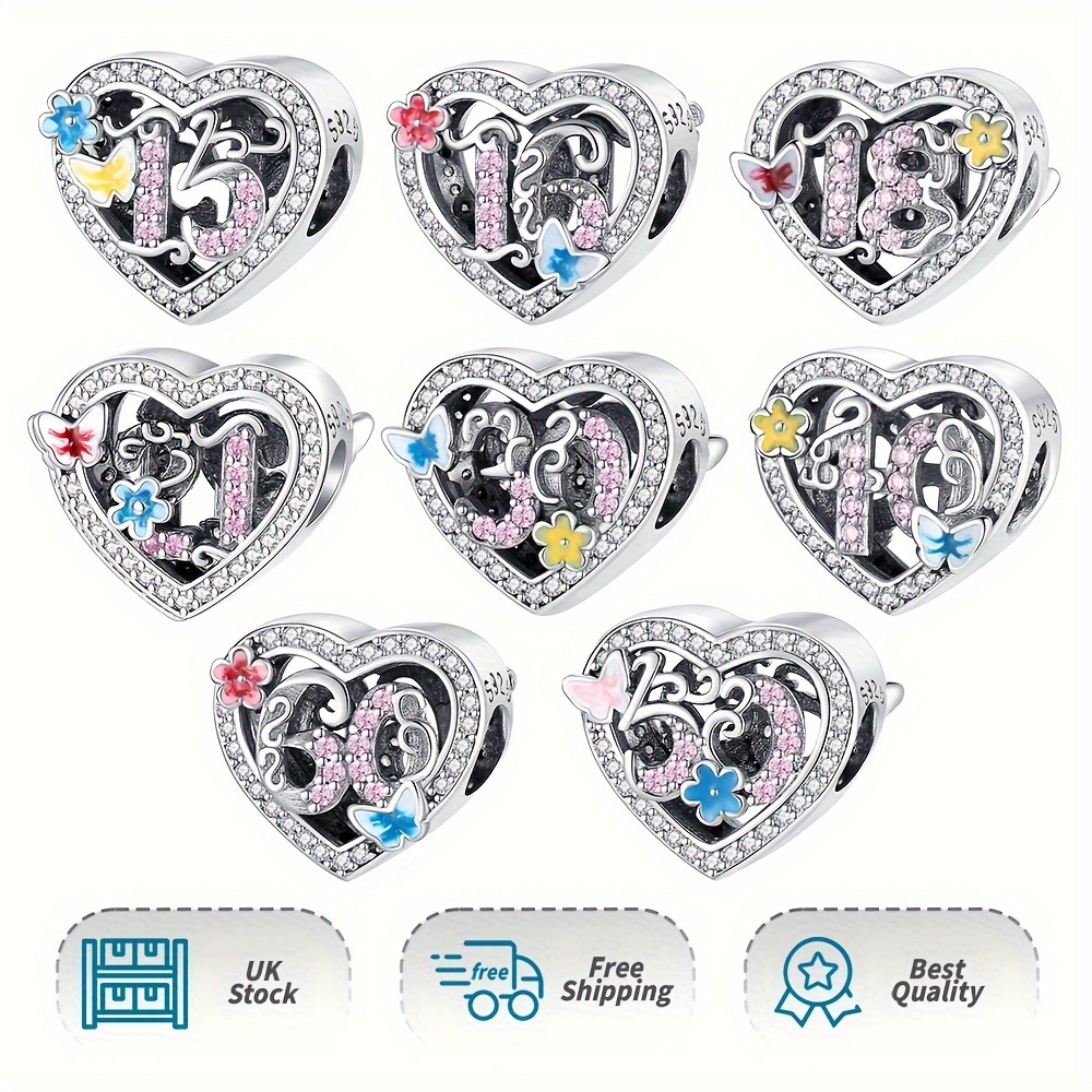 925 Silver Number Heart Charm for Bracelet & Necklace