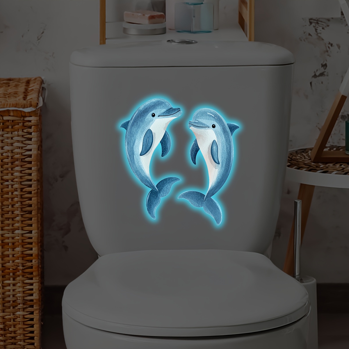 Image of 1pc -the-dark Dolphin Toilet Sticker Suitable For Bathrooms, Shimmering Decals With Marine, Sparkling Pet Film For Plastic Surfaces, Bath Decor, Temporary Ocean Theme Decoration
