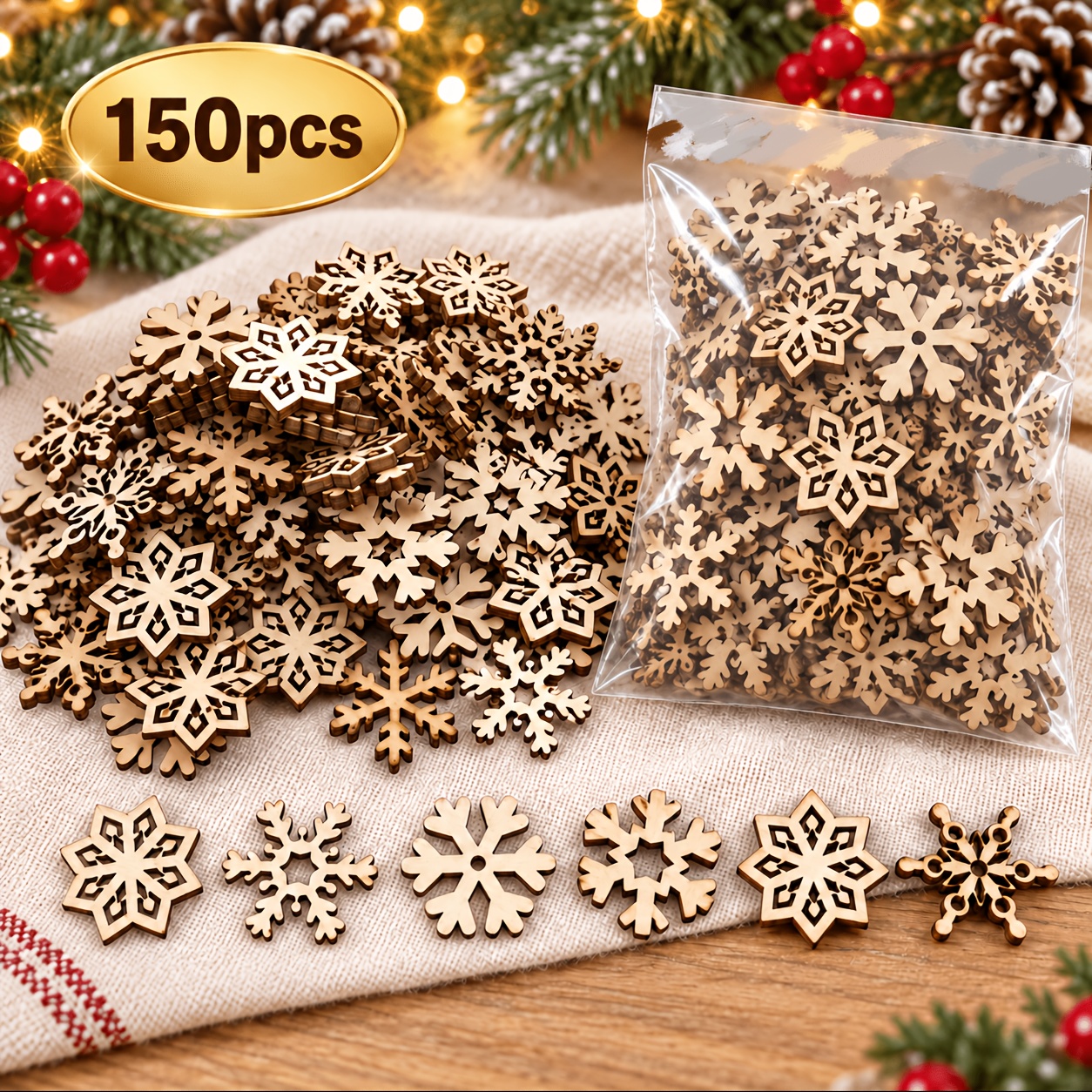 TEMU Set da 150 pezzi di ornamenti natalizi fai da te in legno, fette di legno a forma di di miste, decorazioni da appendere ad albero di Natale in