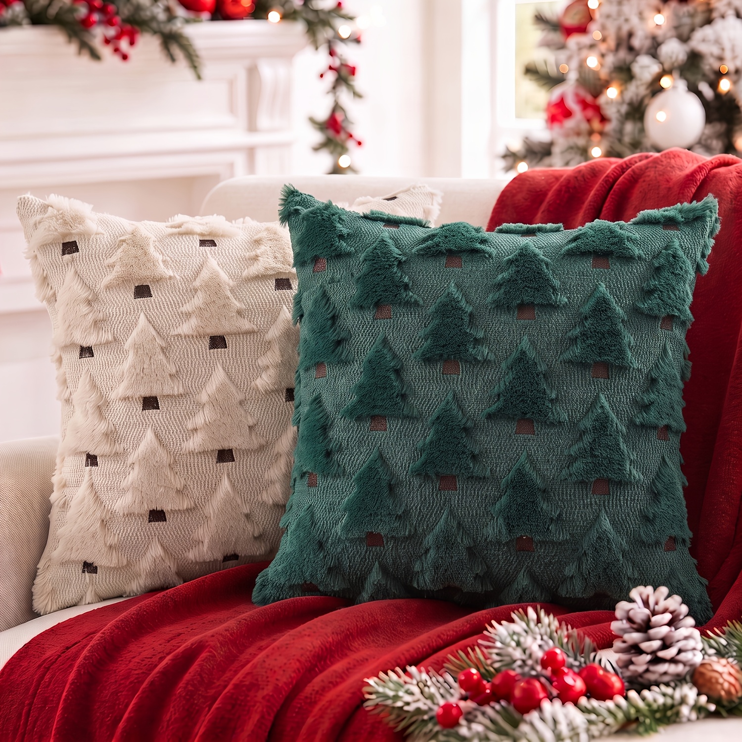 TEMU 2 Pack Faux Fur Plush Christmas Tree Throw Pillow Covers Suitable For Couch Bed, Soft Jacquard Cushion Cases With Zipper Closure, Farmhouse