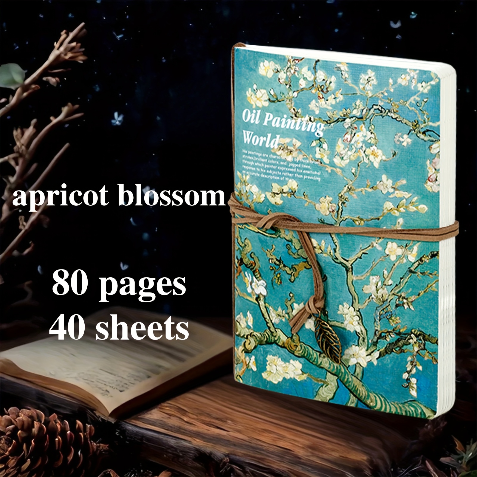 TEMU 1pc A5 Van Gogh Oil Painting Sketchbook - 80-page Portable Travel Notebook With Vintage Leaf Tag, Bandage Binding & Starry Night Design, Blank