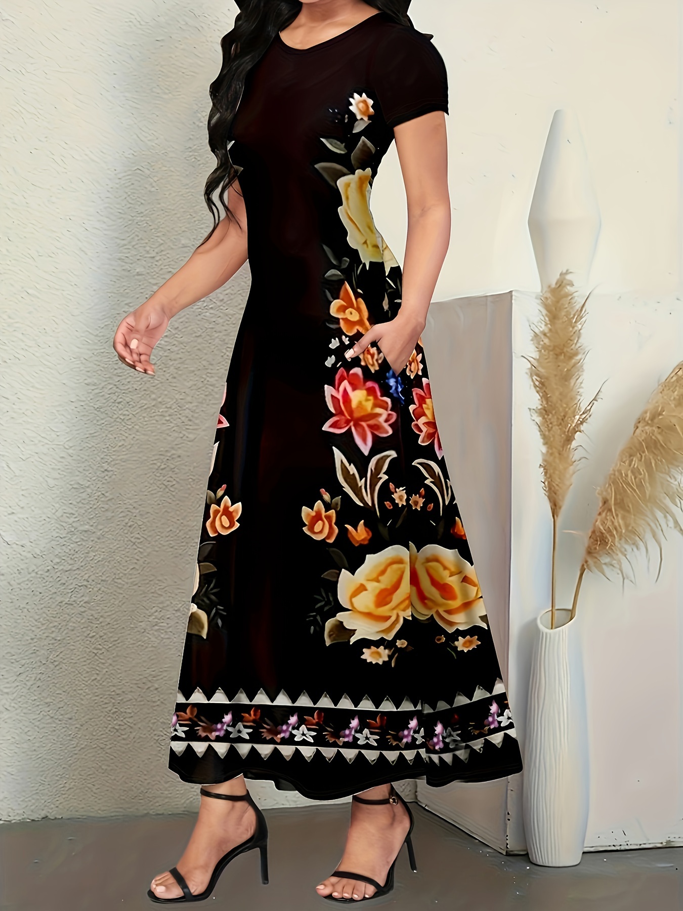 floral print with pocket dress elegant short sleeve a line dress womens clothing