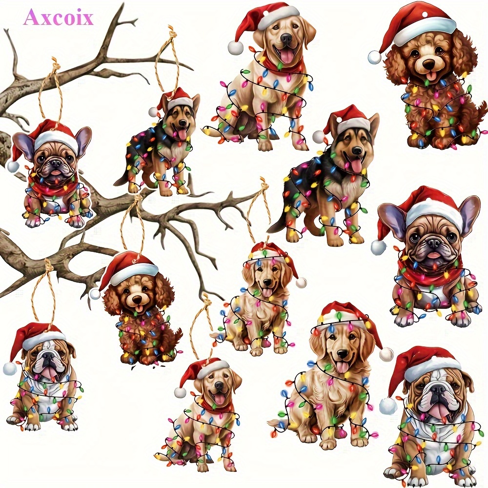 

6pcs Dog Christmas Tree Ornaments, Decorations Dog Ornaments With Santa Hat And Christmas Lights