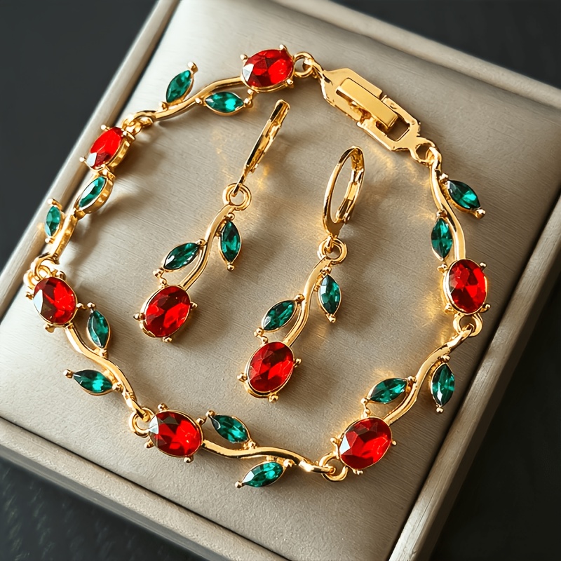 TEMU Conjunto de 3 piezas de moderno, color y verde, con zirconia sintética, flor , pulsera y aretes, pulsera Ins de , joyería de premium de lujo que