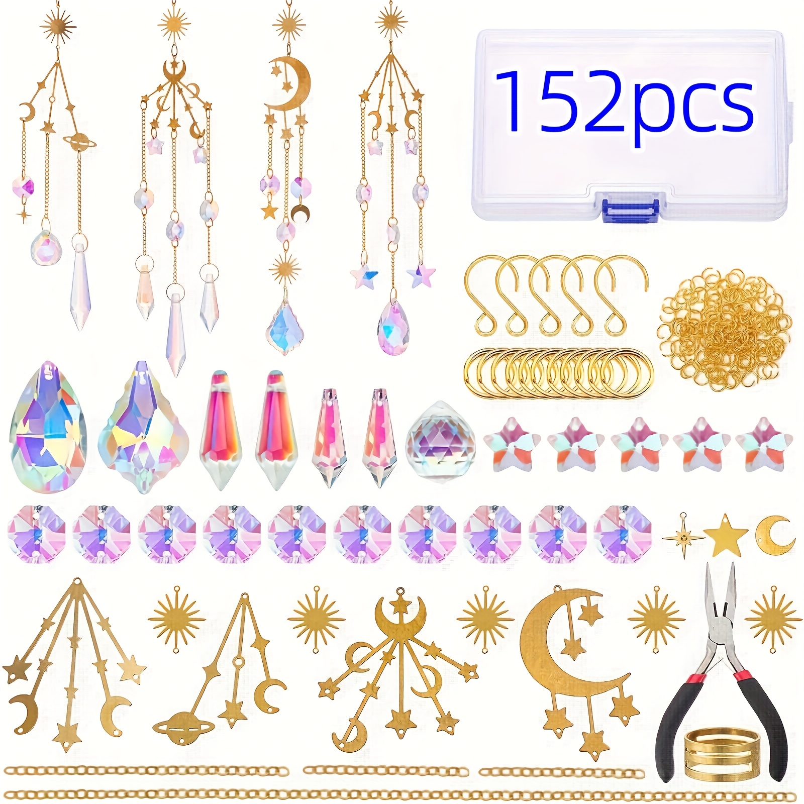 TEMU Diy Kit - 152 Pieces Hanging Solar Window Decorations In, Wind Chime Style, With Glass Prisms And Metal Components, No Power Required