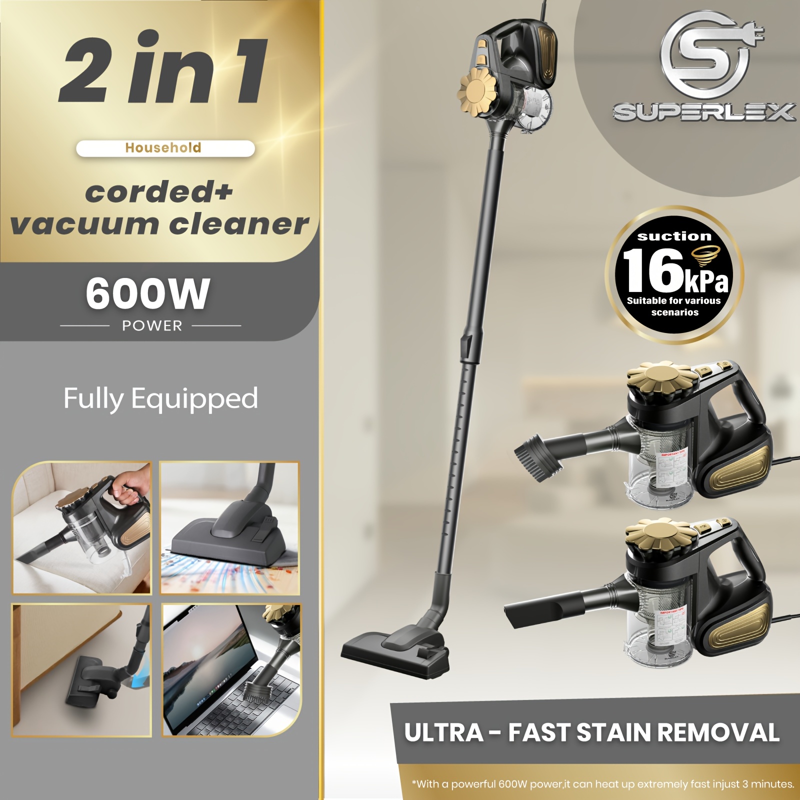 TEMU Superlex 1pc 2-in-1 Stick Vacuum Cleaner, 600w Motor, Strong Suction, Includes 5-meter Cable And Cyclone Filter, Household Portable Low-noise