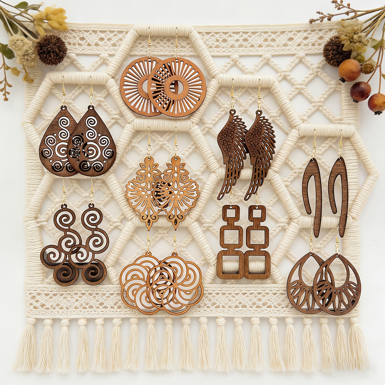 TEMU 9 Pairs Of Coffee-colored Fashionable Hollowed-out Artistic Wooden Earrings, Suitable For Daily Casual Outfits In Autumn And Winter As Well As