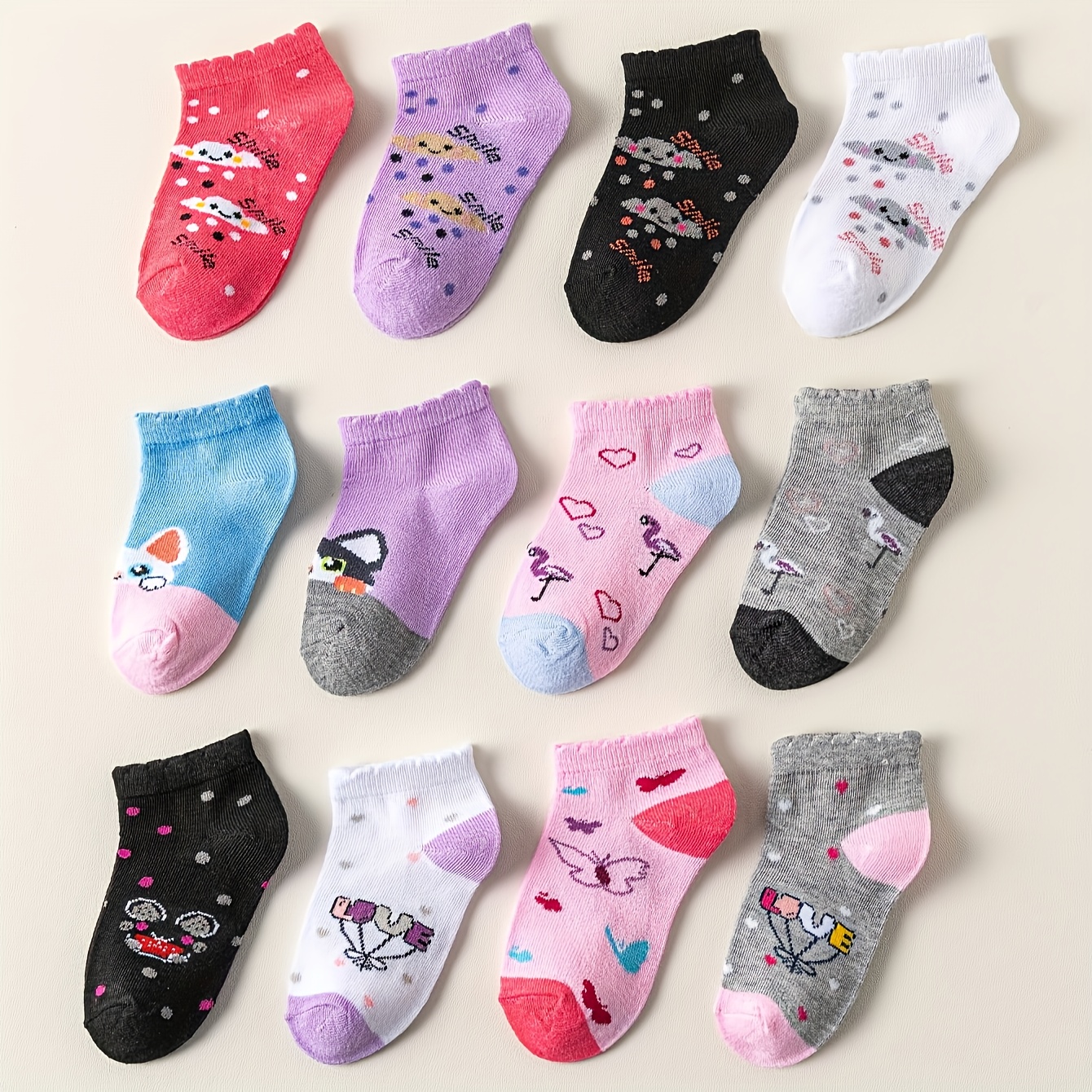 12 Pairs (sold ) Cartoon Pattern Polyester Short Socks, Ankle Length, Knitted Fabric, Machine Washable, Multiple Colors - Heart, Cloud, Designs