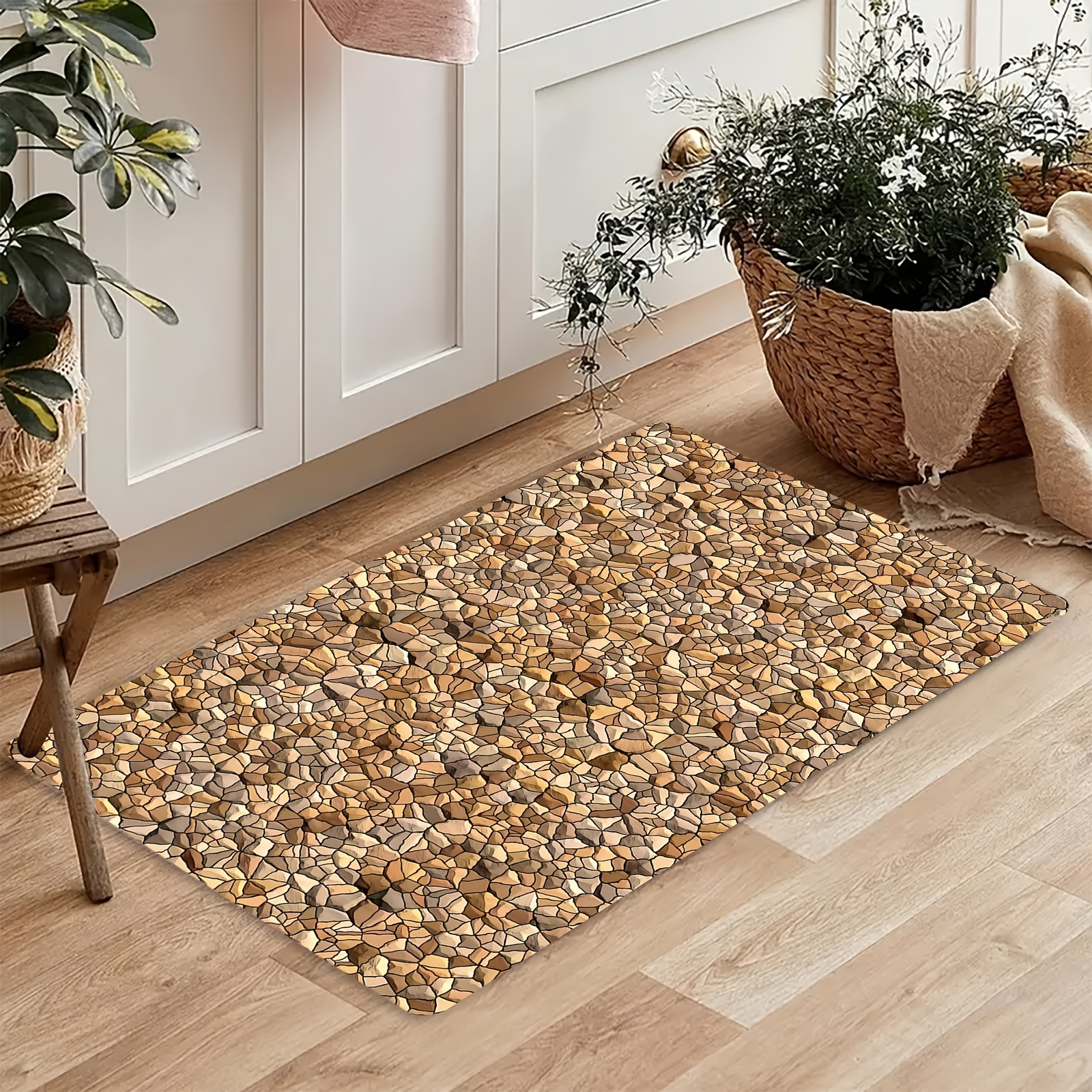 TEMU 1pc Thick 1.1cm Flannel Kitchen Sponge Mat, Irregular Crushed Stone Texture, Brown-brown Retro Tone, Pattern Printed Mat Thickened Anti-slip