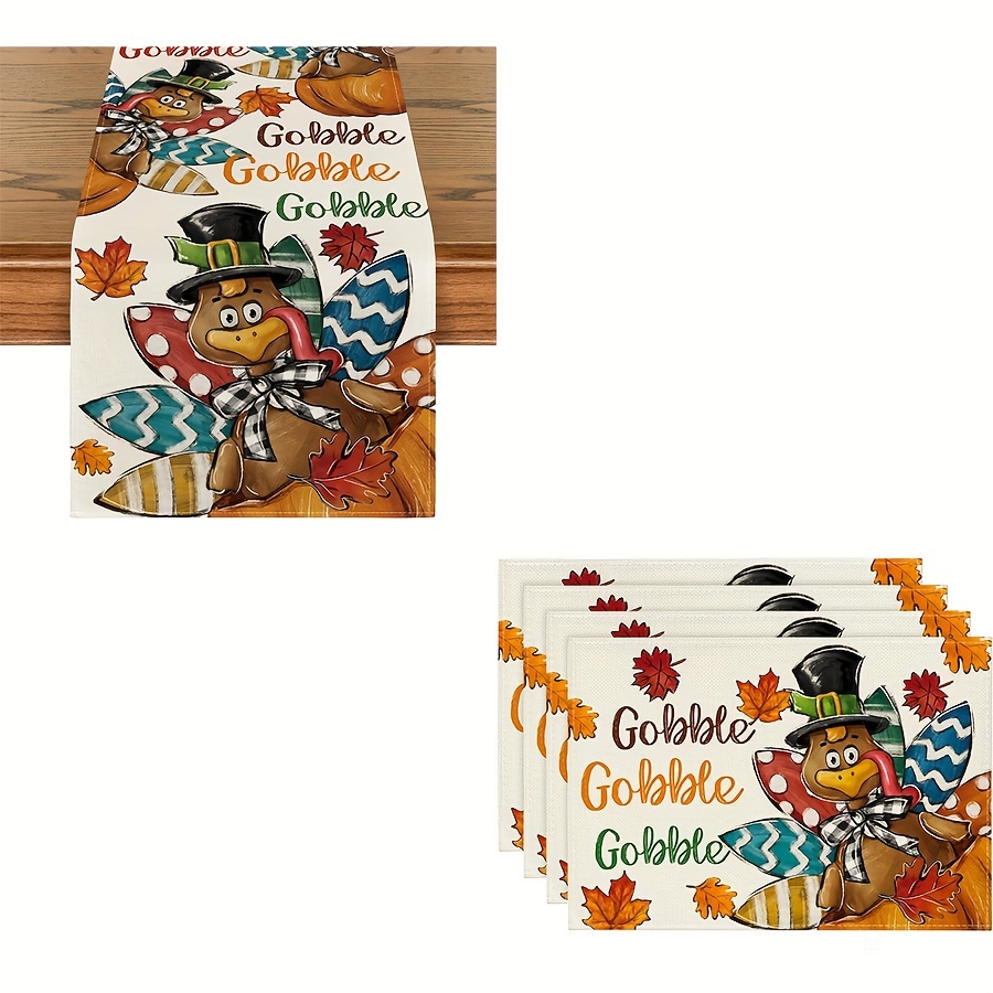 

1/4pcs Beige Linen "gobble Gobble" Turkey & Pumpkin Design Thanksgiving Table Runner & Placemats Set, Autumn Fall Harvest Kitchen & Dining Room Home Party Decor