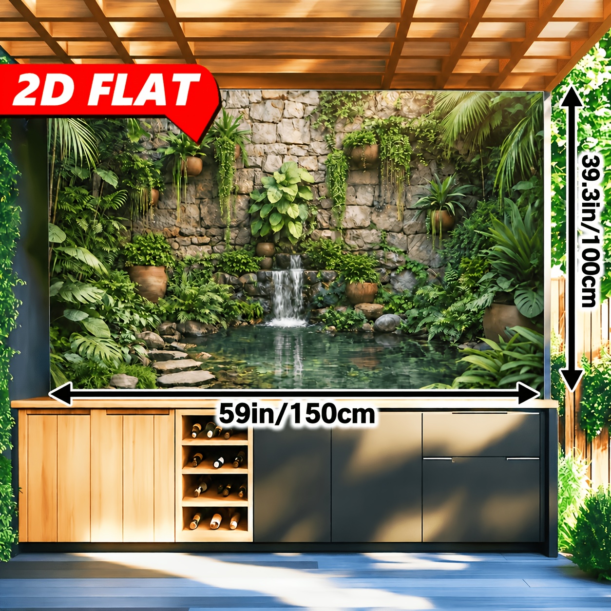 TEMU 2d Flat Natural Courtyard Style Background Cloth, Stone Wall And Greenery, Flowing Pond And Stone Step Path Elements, Durable Fabric, No Power