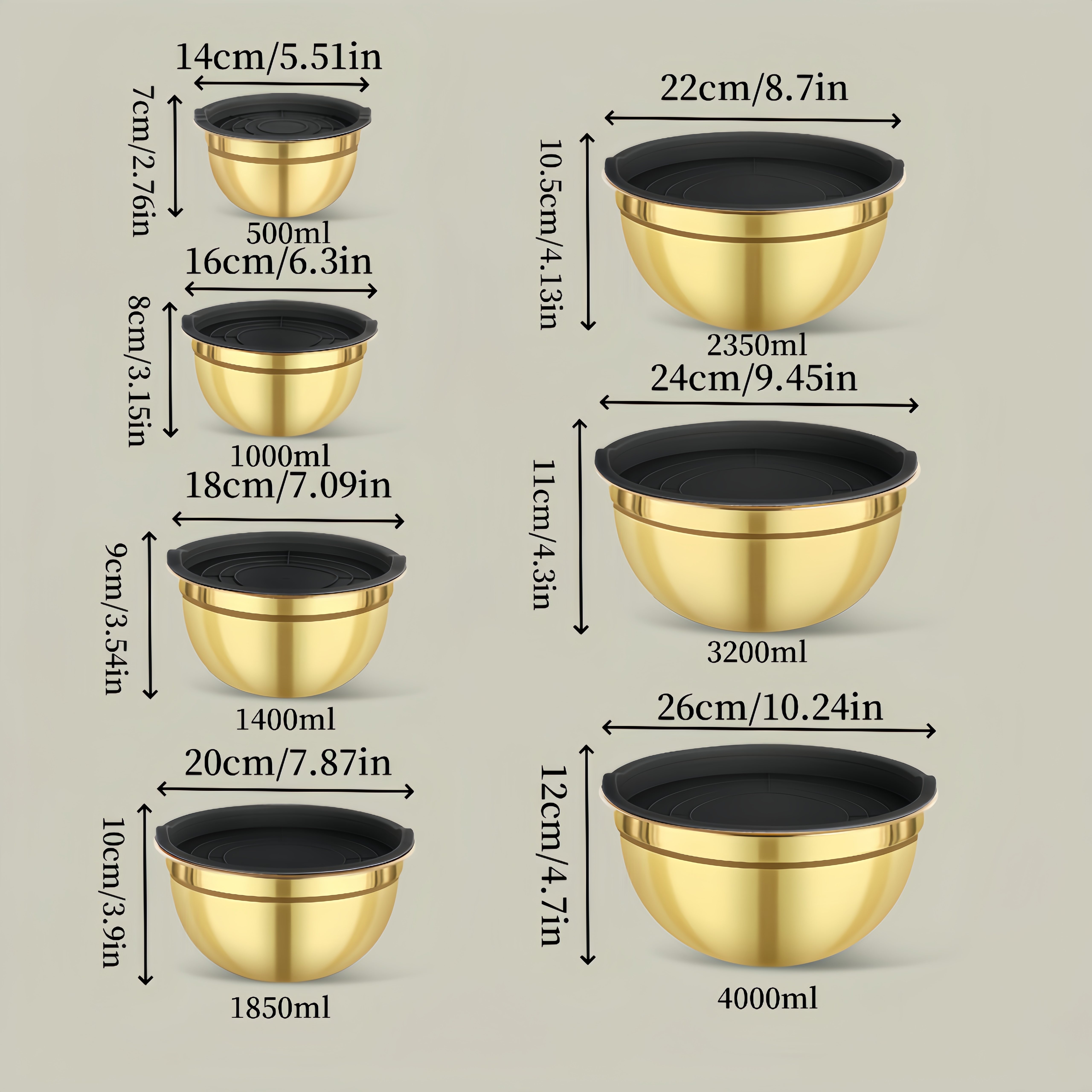 E-shop 14-teiliges (7 Schüsseln + 7 Deckel) Goldene Rührschüssel-Set mit schwarzen Deckeln – Edelstahl, rostfrei, spülmaschinengeeignet für Backen,