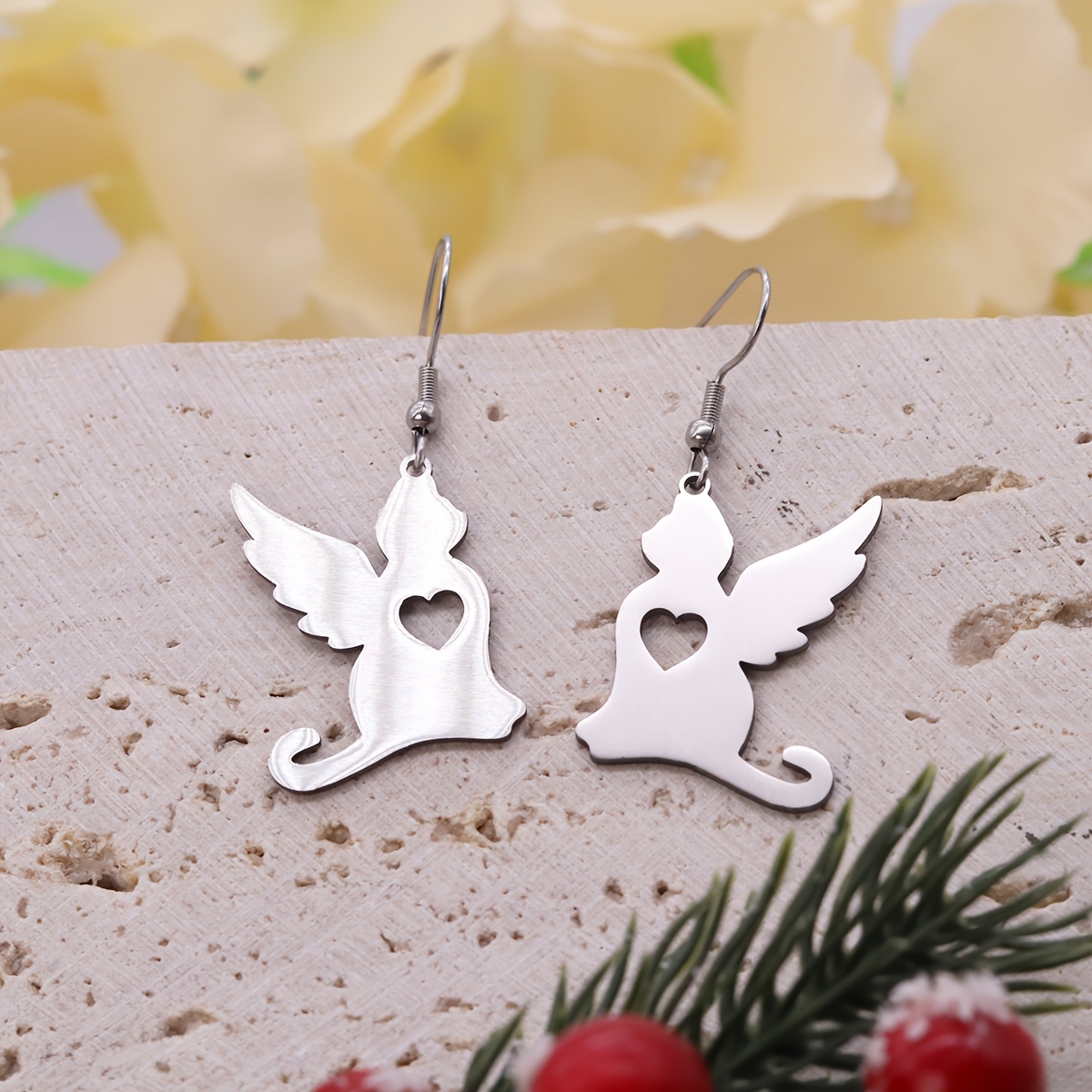 Women's Cute Angel Cat Hollow Heart Drop Earrings