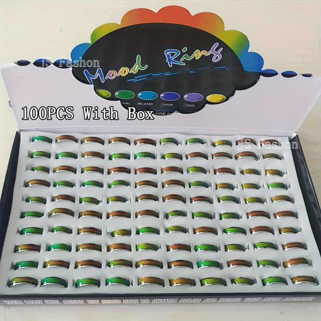 

100pcs Mood Rings With Box 6mm Color Changing Ring Mood Emotion Temperature Index Copper Color Change Ring For Women Men+display Box