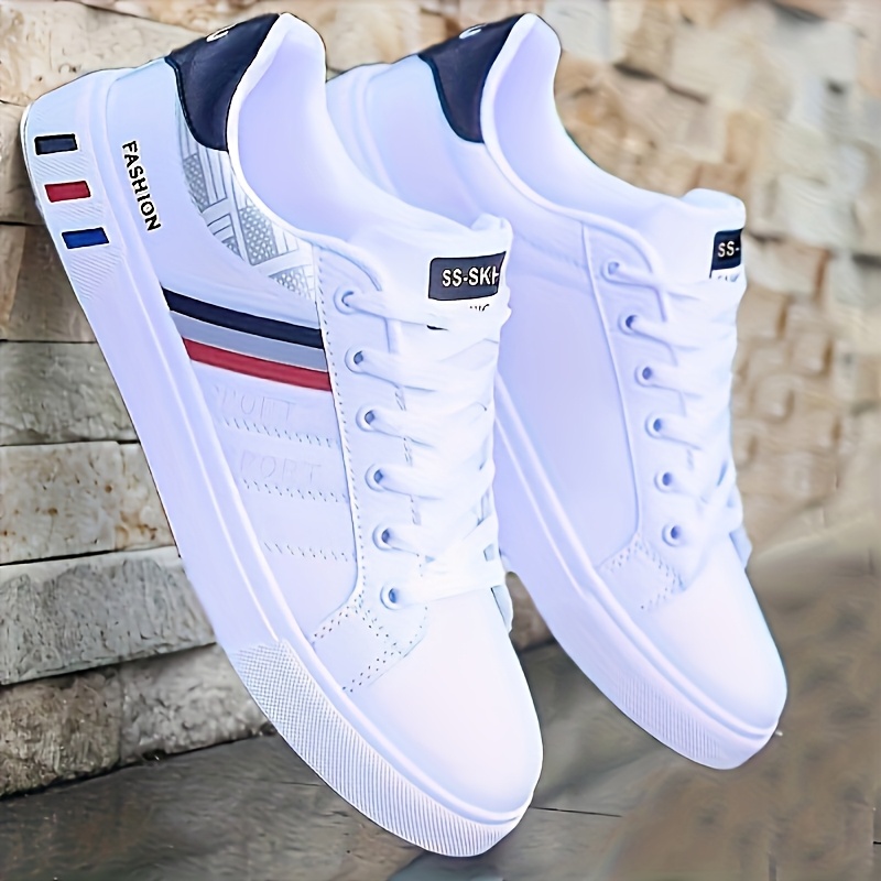 Image of 1 Pair Sporty Men's Road Running Shoes With Striped Letter Patterns, Low-cut Outdoor Skateboarding Shoes, Vacation Casual Shoes