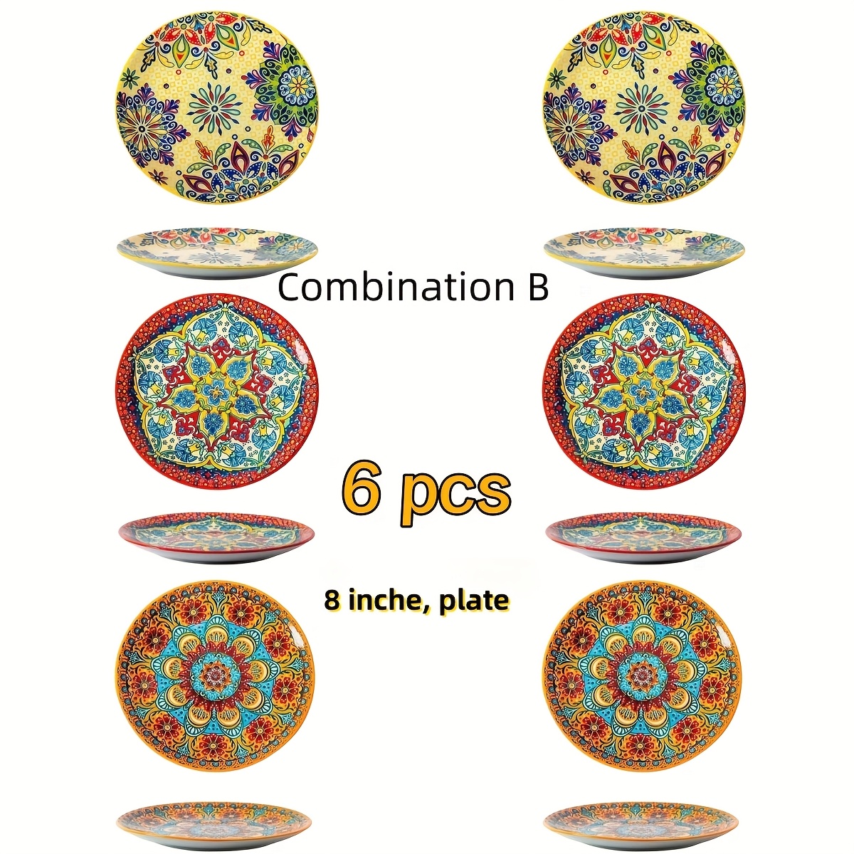 Image of 6pcs Ceramic Shallow Plates, 8-inch Italian Pasta Plate, Bohemian Style Creative Sushi Dish, Cute Steak Sauce Plate, Condiment Plate, Creative Ketchup Dish, Dip Bowl, Microwave Safe