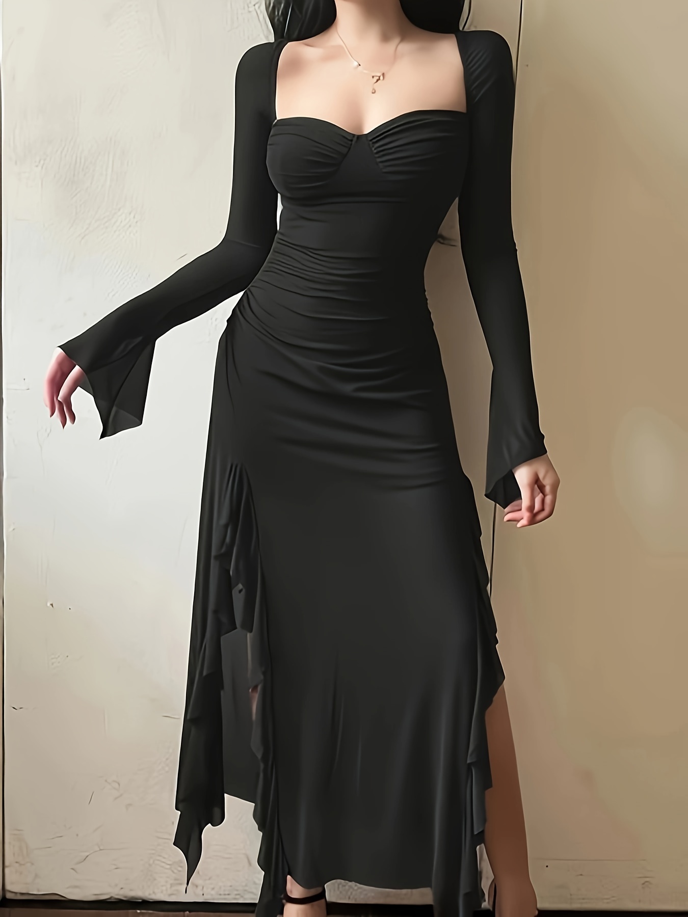 flare sleeve bodycon dress High Quality Stand Collar Flare Sleeve Big Swing Ribbed Bodycon Dress Purple-pink / L main image 1