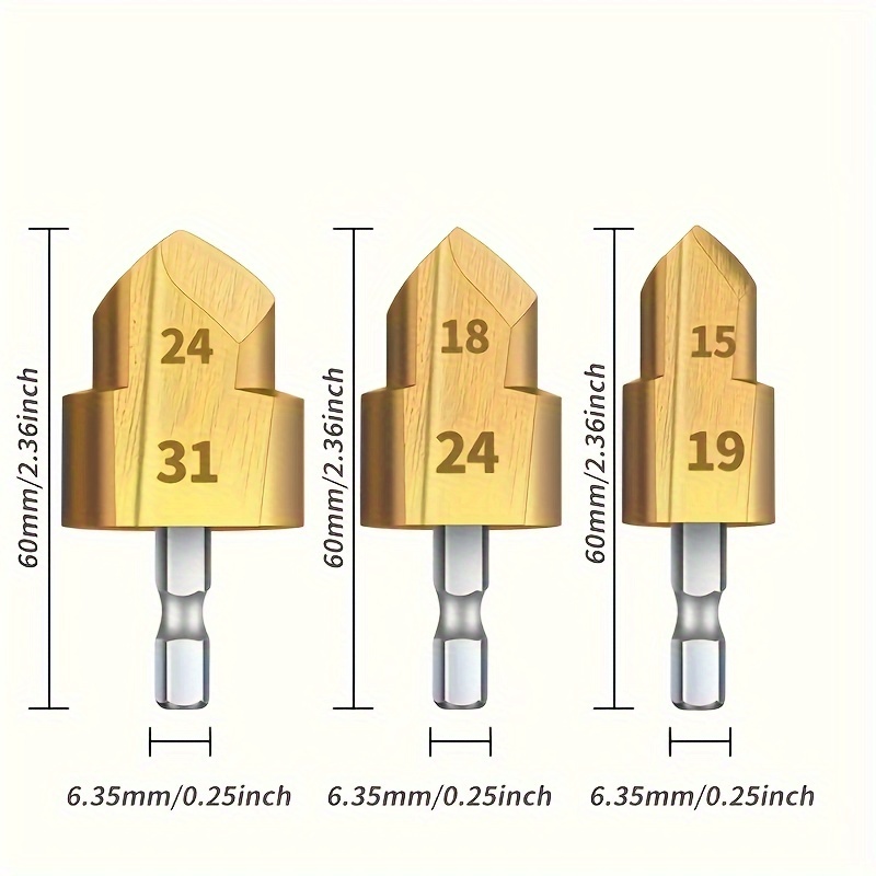 TEMU 3pcs Heavy Duty Pipe Reamer Set - Titanium Plated, Hex Shank Drill Bits For Smooth & Fast Repairs, Ideal For Pvc & Pipes