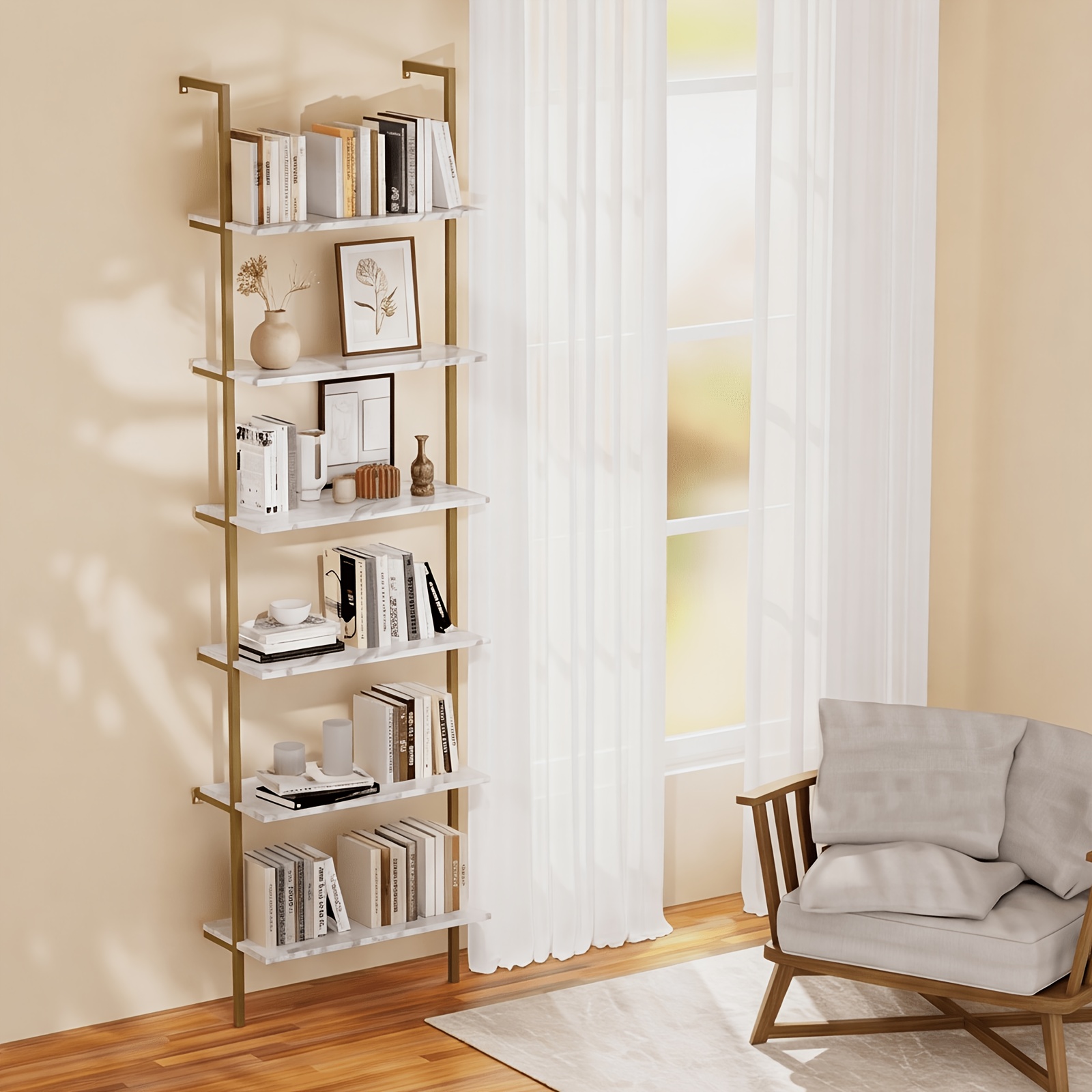 6 Tier Industrial Wall Mounted Shelves, White Faux Marble Floating Shelves, Open Storage Display Plant Rack for Living Room Kitchen Bedroom Office