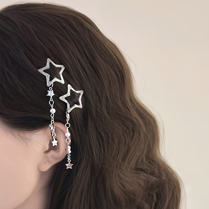 

Elegant Star-shaped Tassel Hair Clip With Chain - Chic Alloy Side Pin Accessory For Women And Girls, Hair Accessories For Girls