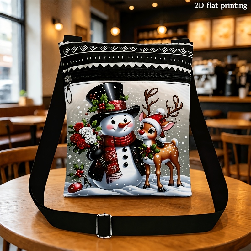 TEMU Unisex Adjustable Crossbody Bag With Snowman & Reindeer Print, Zipper Closure Suitable For , Machine Washable Shoulder Strap Bag For Holiday,
