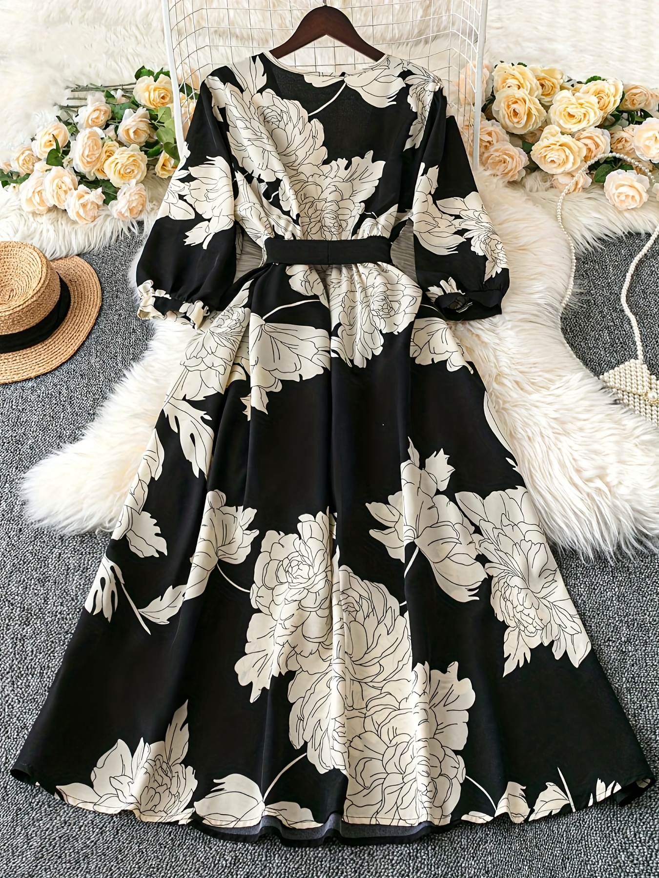 שמלת מקסי חדשה לנשים לקיץ וסתיו עם שרוולים ארוכים, צווארון מוצלב וקשירה