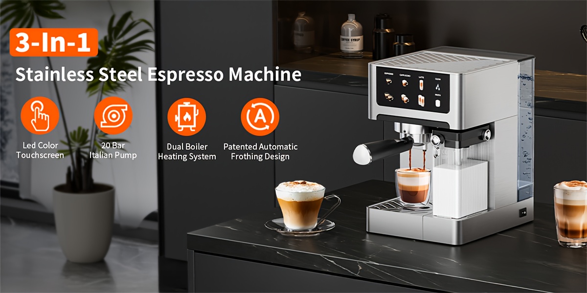 Espresso Coffee Machine, 20 Bar Pressure, 1.8L Water Tank | Automatic Milk Frother, Dual Boiler System, LCD Display, Stainless Steel, Perfect for Home Brewing Authentic Espresso, Cappuccino, and Latte