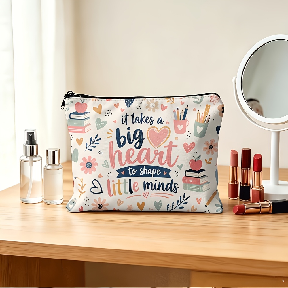TEMU 1pc Heart-shaped Book Doodle Zipper Makeup Bag, "it Takes A Big Heart To Shape " Teacher Appreciation Themed Makeup Bag, Portable Large-capacity