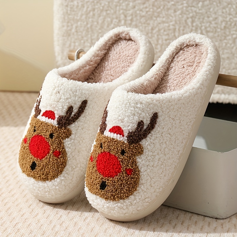 

Vintage Cartoon Reindeer Slippers For Adults - Cozy Winter Indoor Slippers With Tpr Non-slip Sole, Hand Washable Fabric Outer And Inner, Comfort For Couples