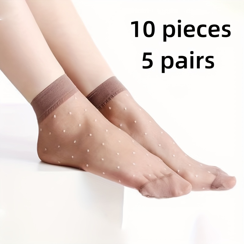 TEMU 10 Pieces/5 Pairs Spring/summer Crystal Dot Short Socks, Ultra-thin Women'-spun Socks In Black And Nude