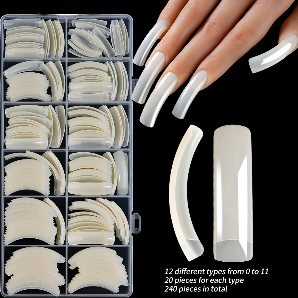 TEMU 240pcs/box Curved Arch Half Cover False Nail Tips Clear/white/natural Acrylic Fake Nails Extra-long Curved Press On Nails
