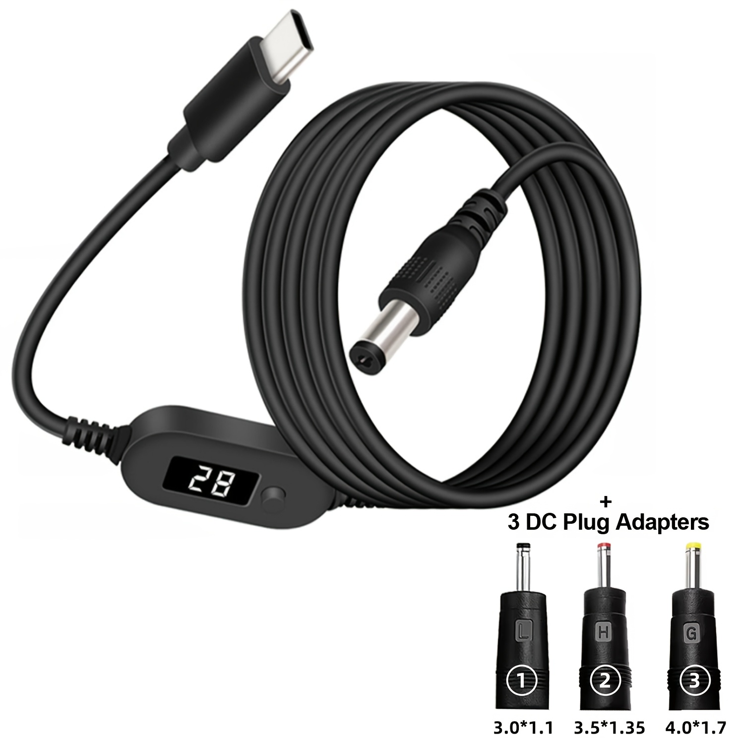 TEMU Câble d'alimentation Type-C vers CC avec affichage LED et tension réglable | Câble de déclenchement PD 140W | Réglable sur 6 niveaux de 5V à 28V