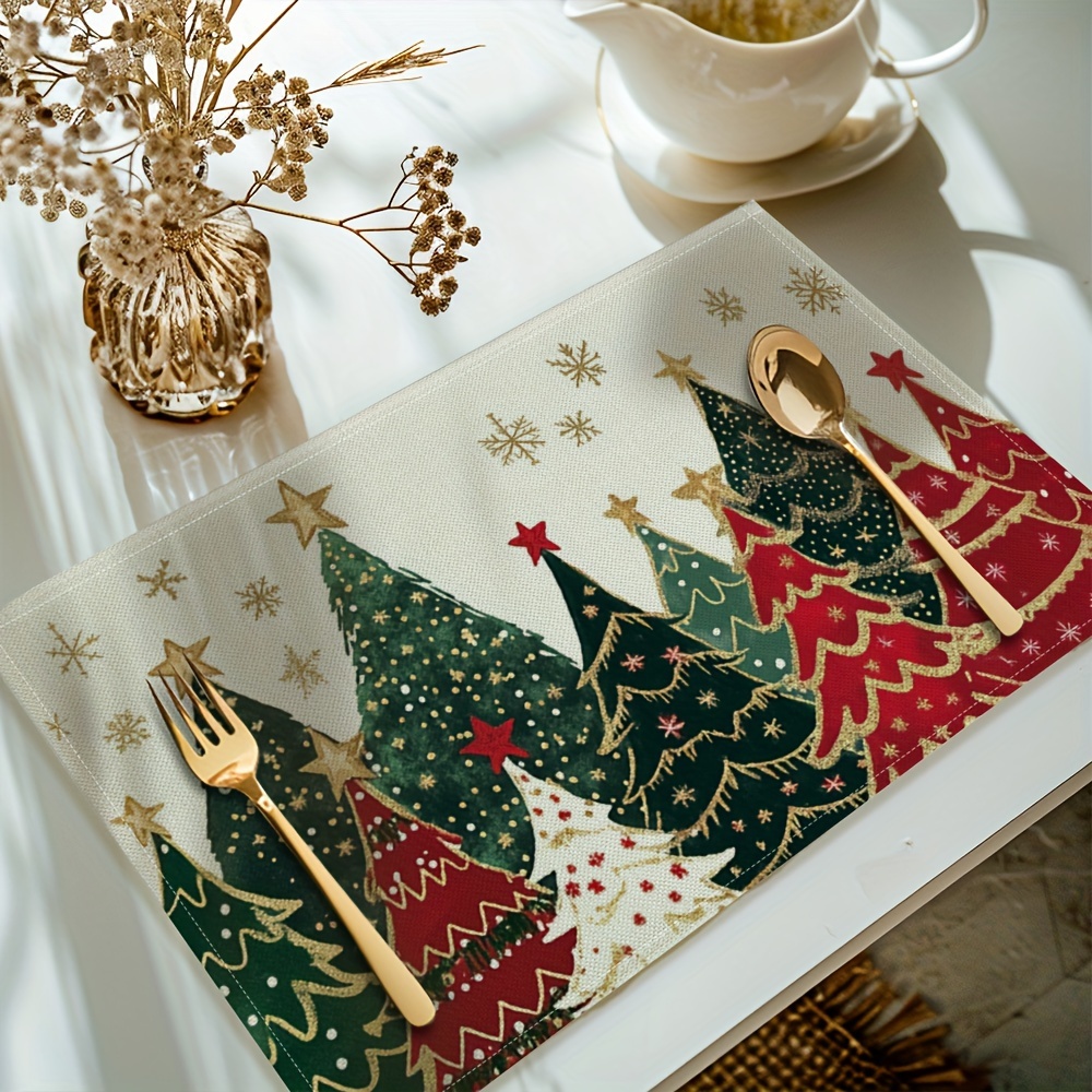 

4-pack Christmas Tree Placemats, 12x18 Inches, Linen Table Mats, Machine Washable, Rectangular, Woven, For Holiday Dining And Kitchen Decor, Home & Party Use