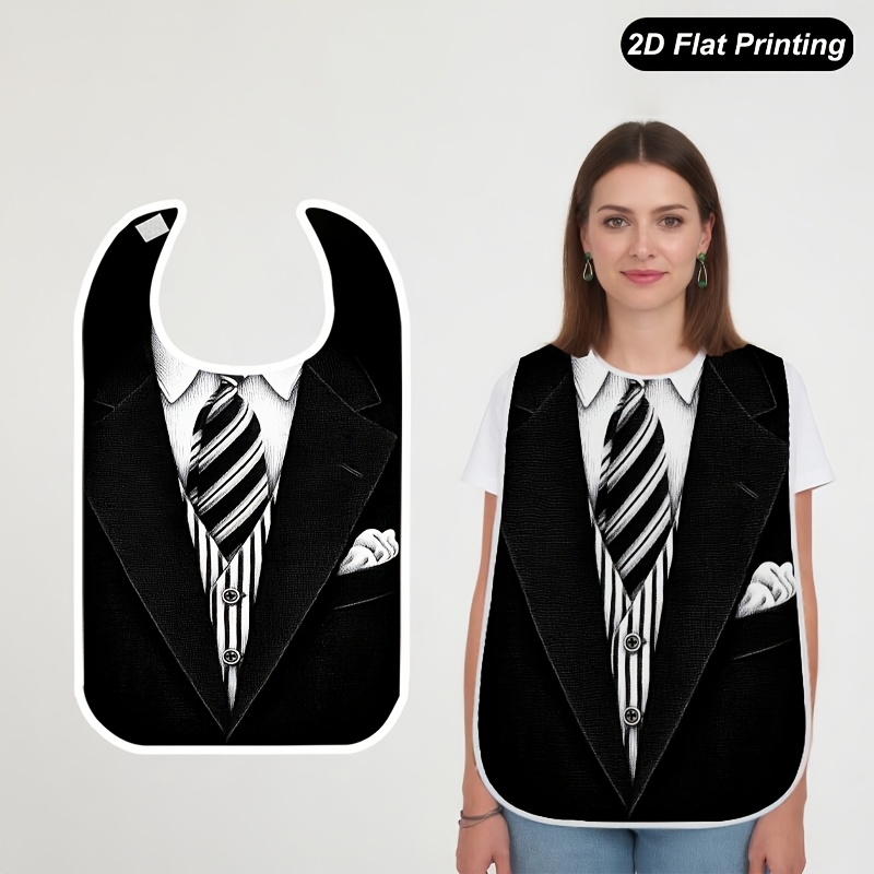 TEMU 1pc 2d Flat Black Suit With Tie Printed Bibs Fashionable Adult And Elderly Crumb Catcher For , Tableware Elements, Fun Pattern, Stylish Bib,