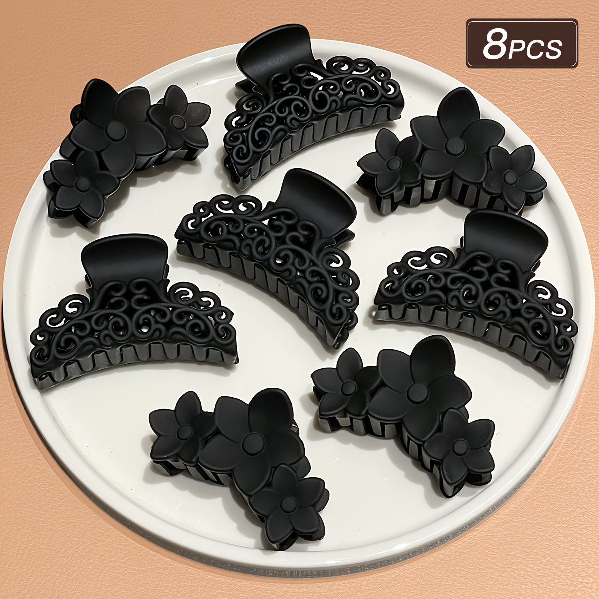 Image of 8pcs Matte Black Hair Clip Set, Hollow-out Spiral And Women's Hair Clips, Non-slip Hair Grips, Fashionable Hair Accessories For Thick Hair