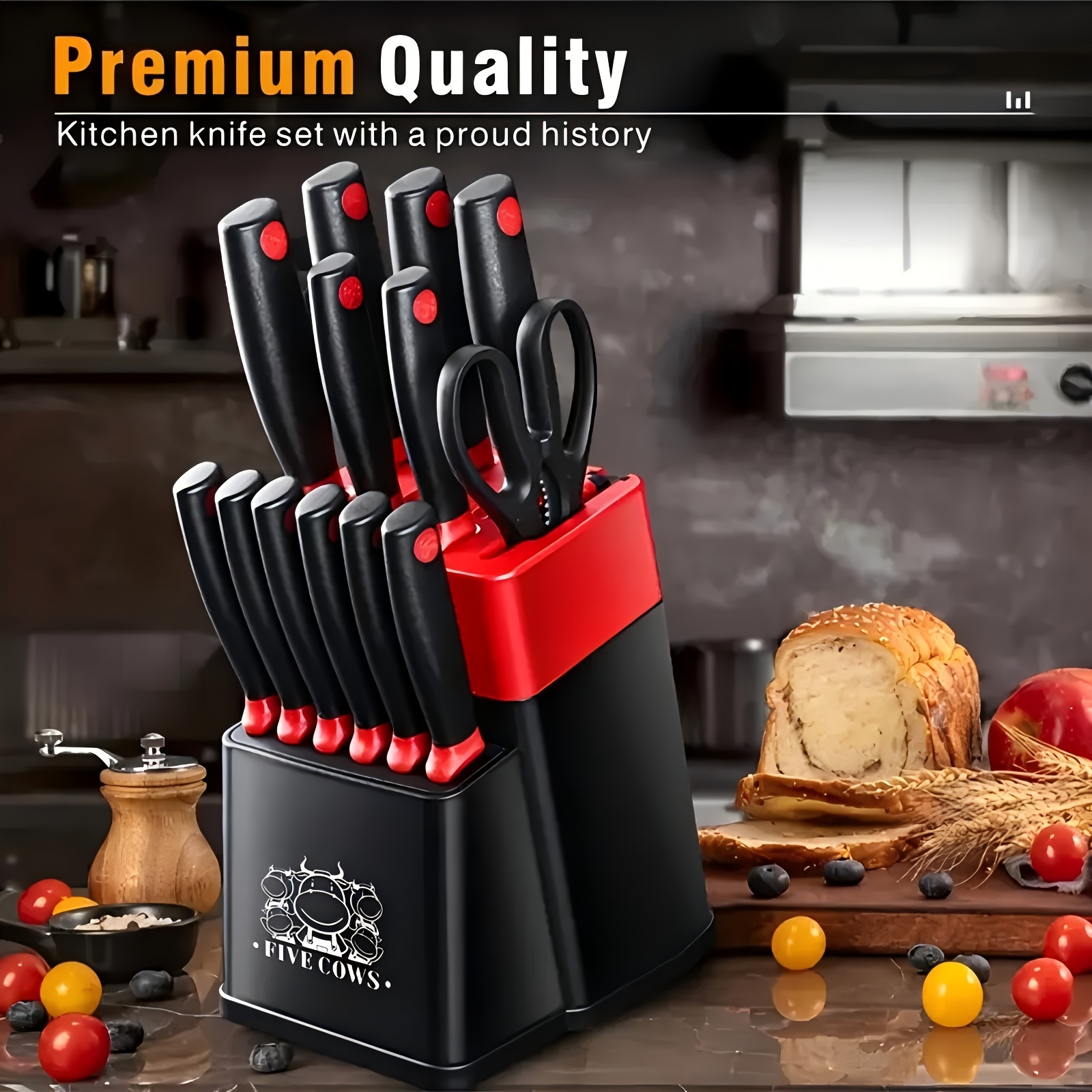 

14- Knife Set Steel Blades - German Steel, Dishwasher Safe Knife -in Sharpener, Dishwasher Safe, () ()