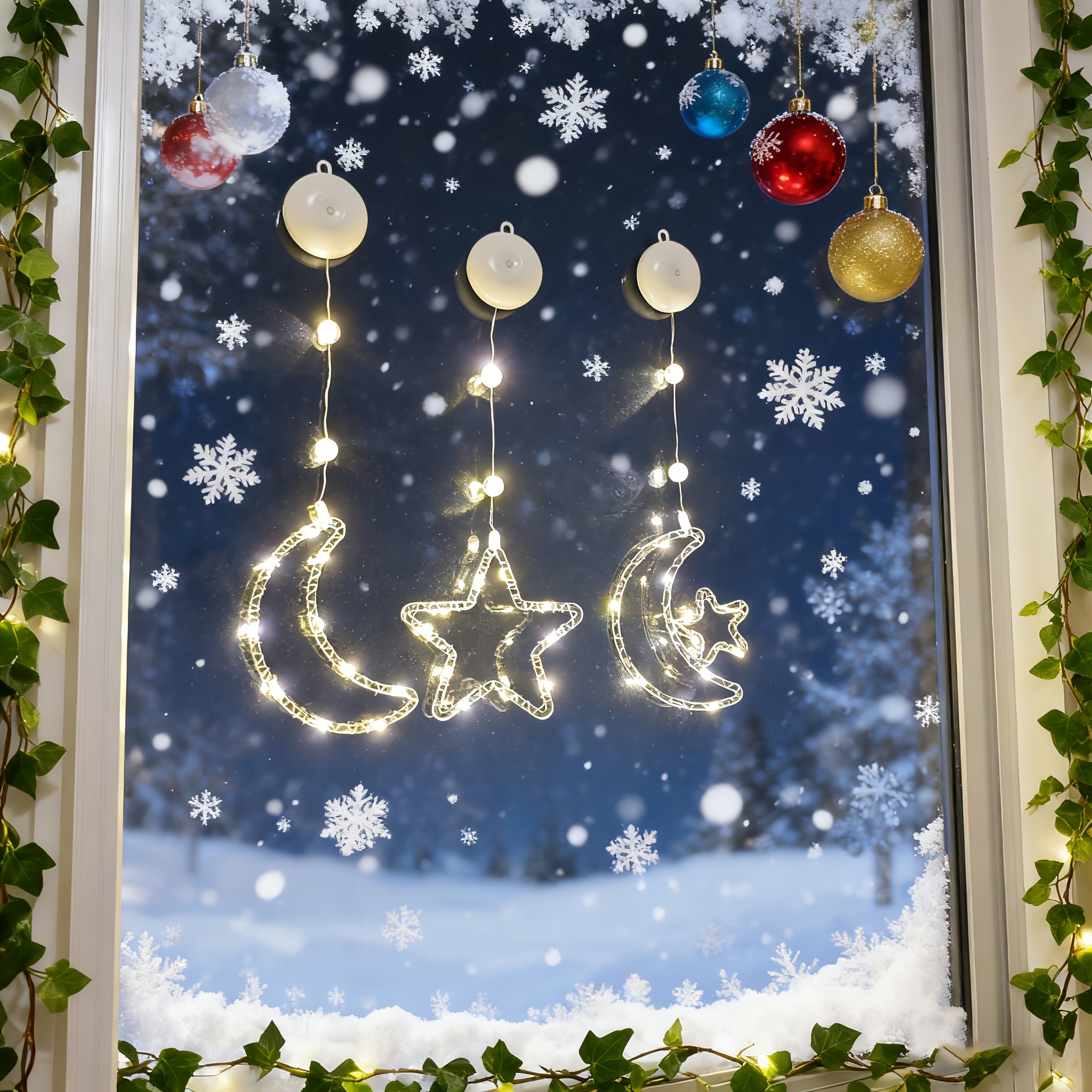 led christmas window lights suction cup lights battery powered fairy lights snowflake star christmas tree snowman reindeer bells hugging star shape indoor christmas string lights Product details 2