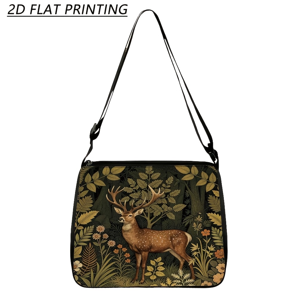 TEMU 1 stuks 2D Platte Print Schoudertas, Hert Tussen Geblokte Bospatroon, Dames Handtas Crossbody Tas, Lichtgewicht, Duurzaam, Casual, Geschikt voor