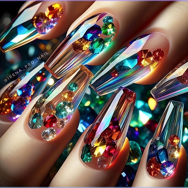 TEMU Mejora tu estilo, 24 uñas postizas de ballet chino, gemas incrustadas con de color transparente, diseño de uñas coloridas para usar, cobertura