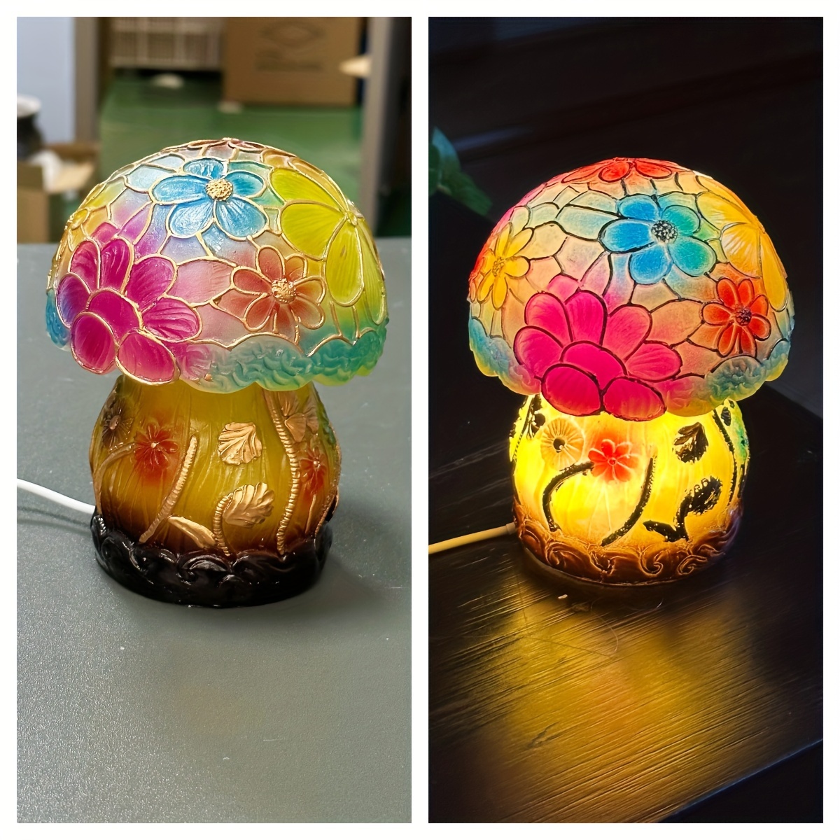 Colorful floral-painted mushroom lamp shown lit and unlit