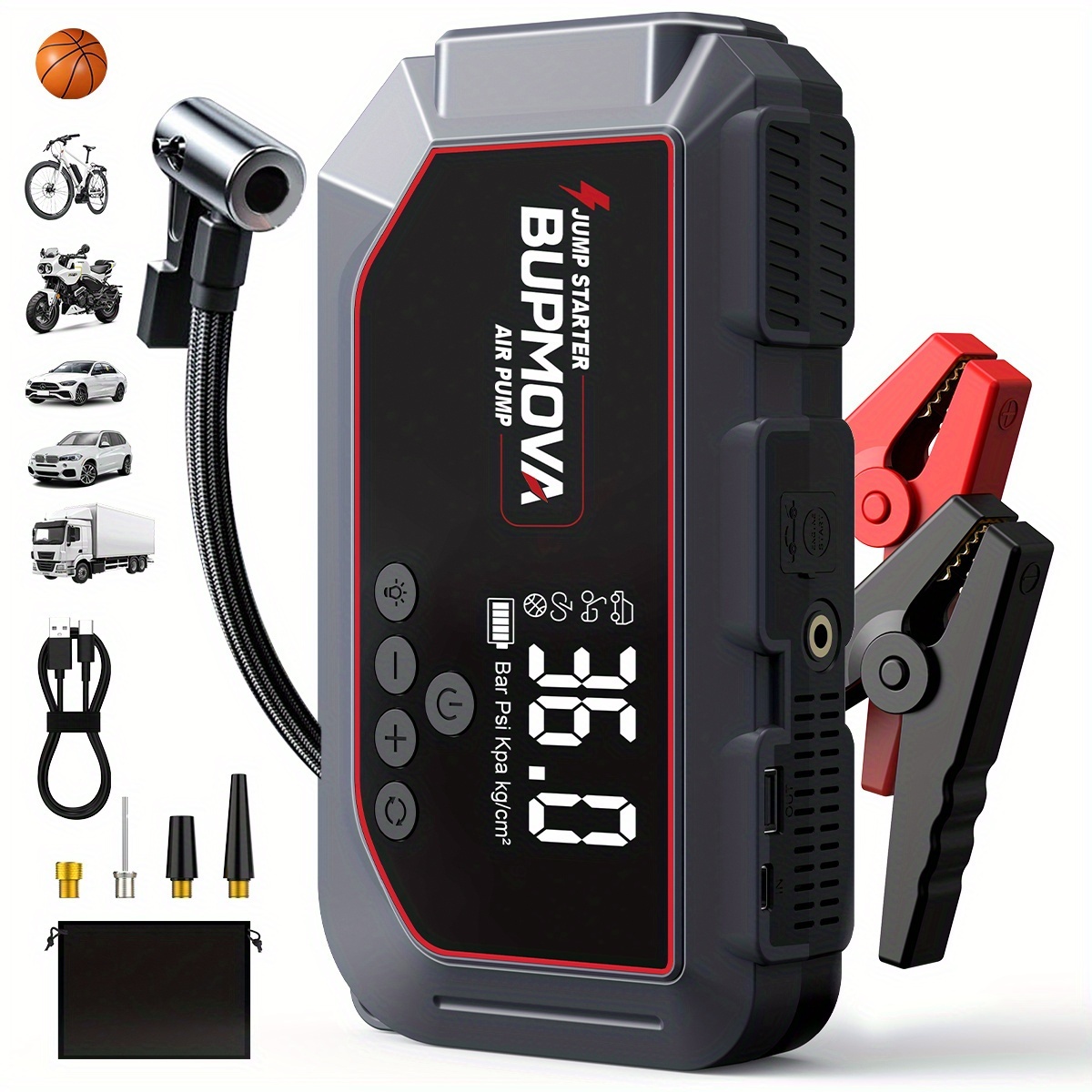 E-shop BUPMOVA 10000A Tragbarer Auto-Starthilfe-Ladegerät mit Luftkompressor, Taschenlampe, Powerbank mit großer Kapazität, großes Display,